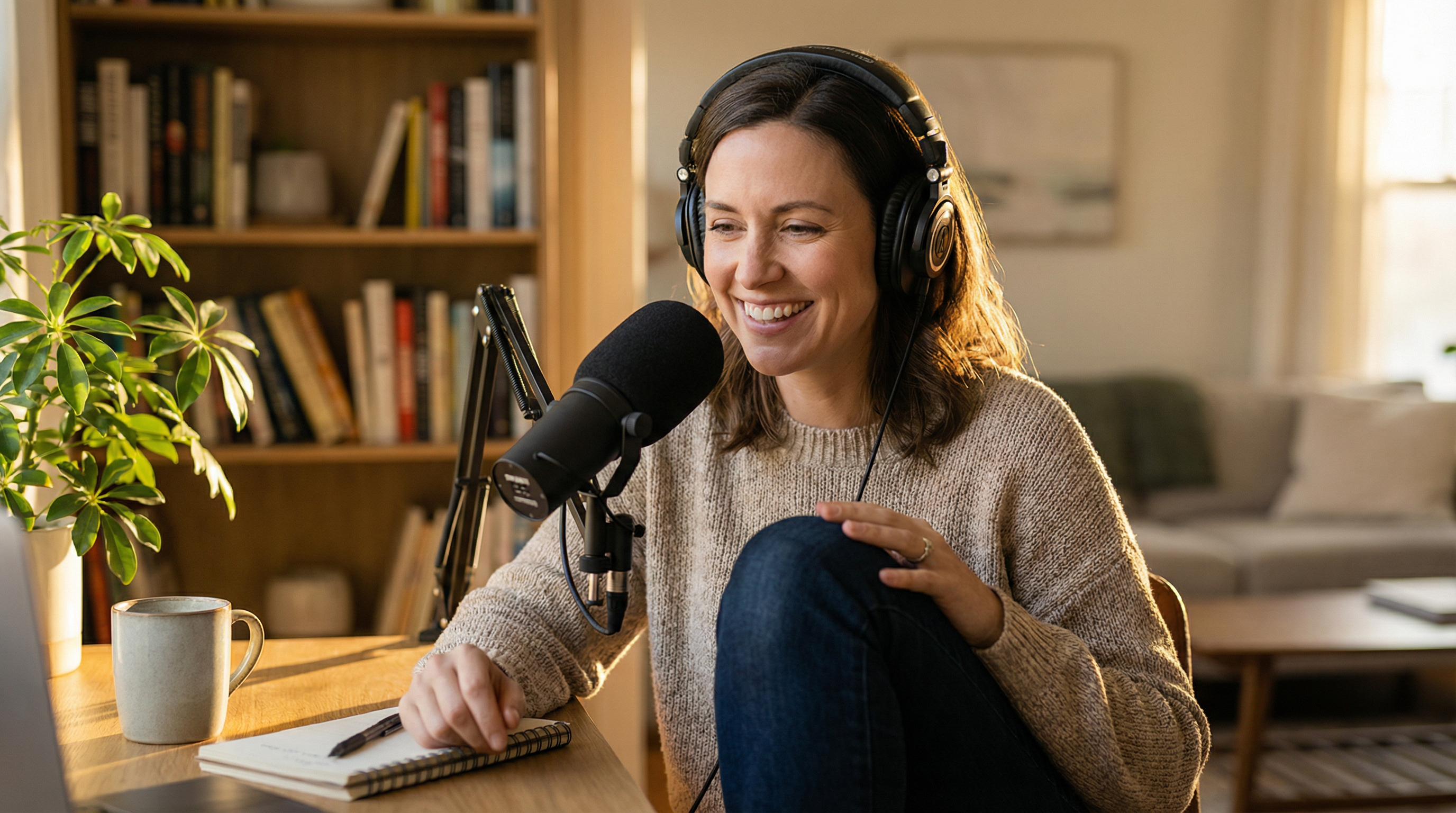 Single mom recording a podcast